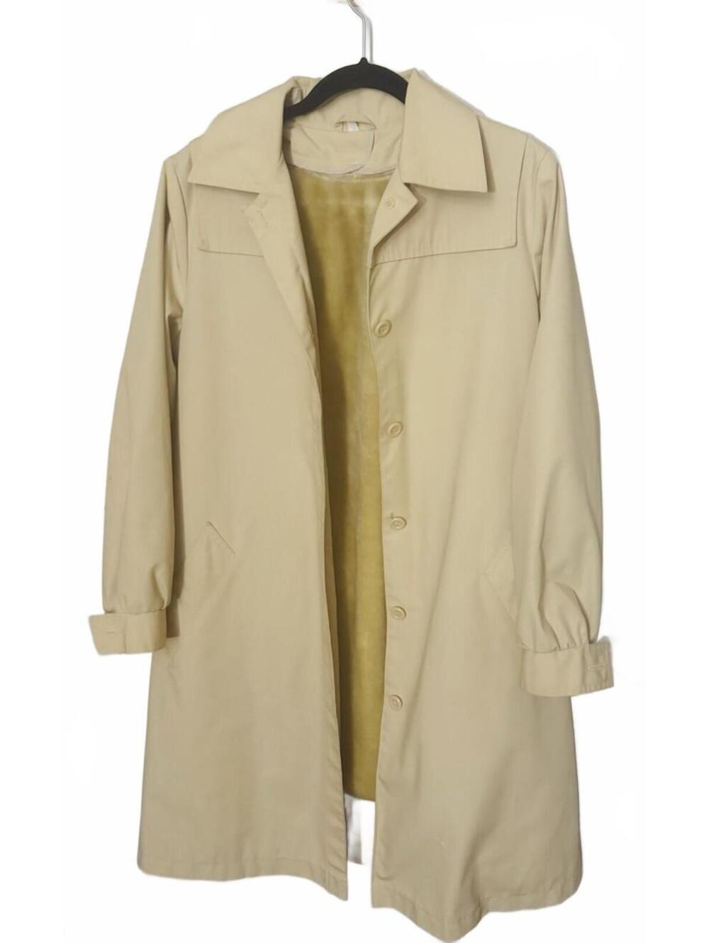 Vintage 1970s Sears khaki trench coat-Size 8-Faux fur lining